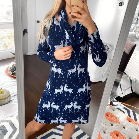 π KALEIDOSCOPE NAVY WHITE REINDEER 2-PIECE PAJAMA SCARF SET! - Picture 4 of 13